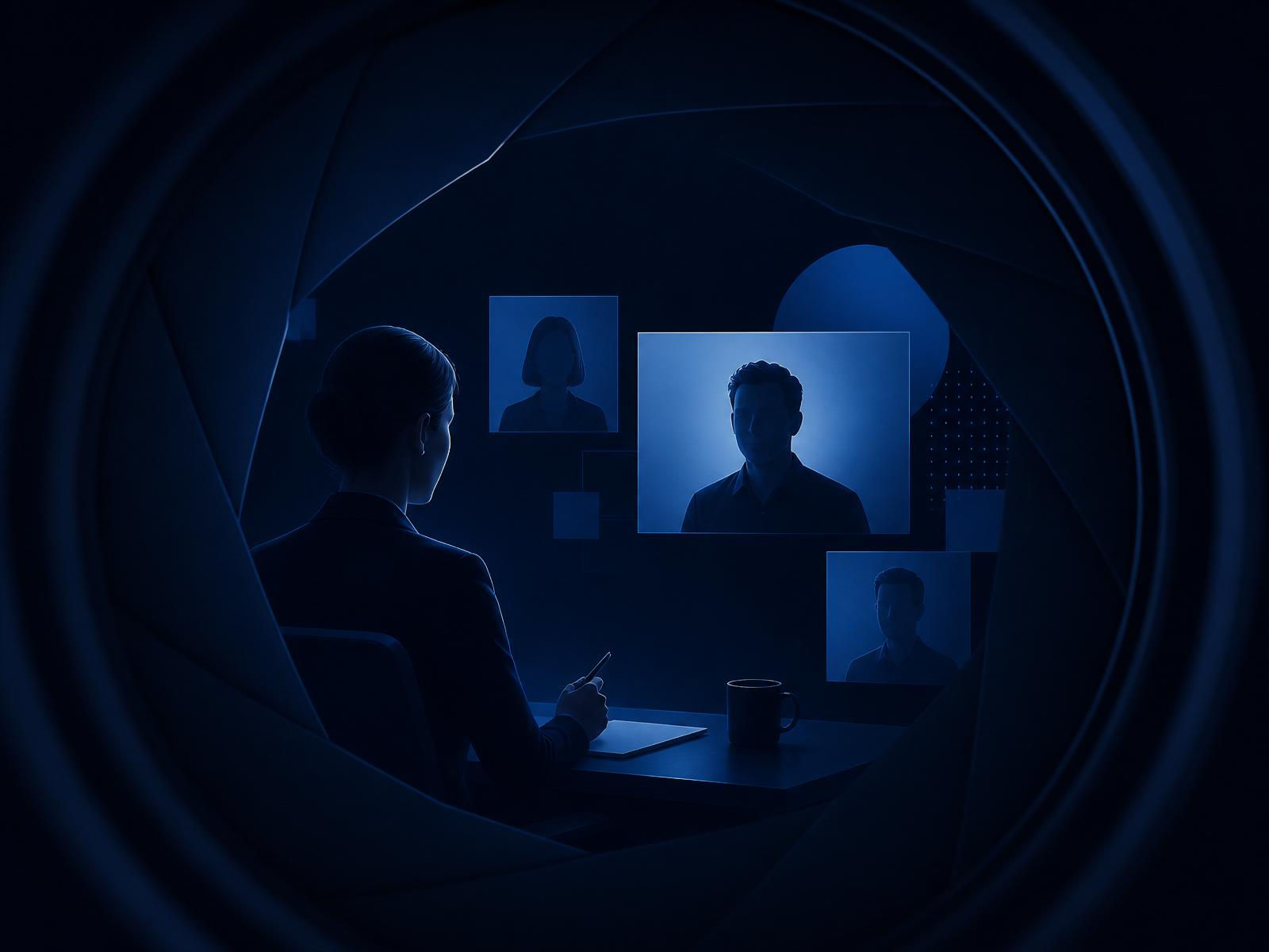 Interviewer reviewing candidate video profiles through a lens